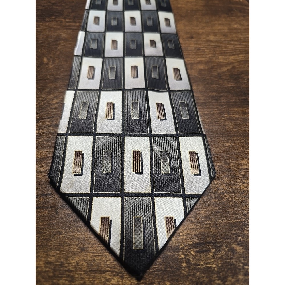 Boca Classics 100% Silk Tie Blac, Gold,Ivory Geometric Design 3.75 In X 60 In‎